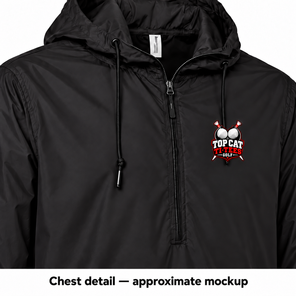 Approximate mockup: small Top Cat Ti-Tees Golf left-chest logo detail.