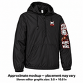 Approximate mockup, placement may vary: full black windbreaker with small chest logo and left-sleeve graphic. Sleeve editor size 3.5 x 10.5 inches.